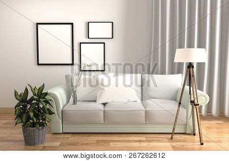 Living Room Interior White Style - With Sofa Pillows Plants Lamp And Frames - Wooden Floor On White 