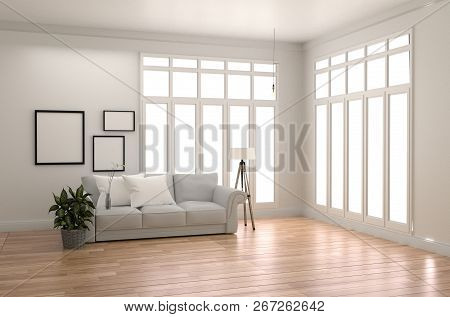 White Room Interior Scandinavian Style - Modern Room With White Sofa And Pillow With Frame Lamp And 