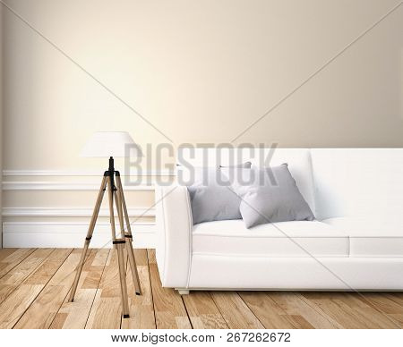 White Living Room Interior - White Sofa And Lamp - Empty White Wall On Wooden Floor. 3d Rendering