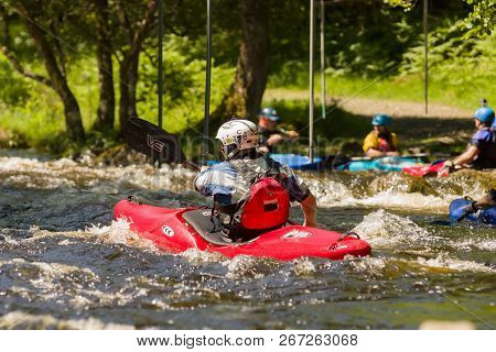 Frongoch Wales Uk - June 18 2017: Kayaker Paddling The Rapids At The National White Water Centre On 