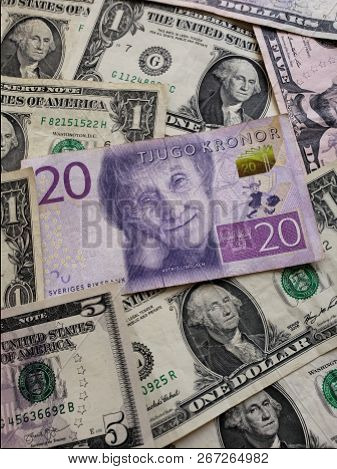 Swedish Banknote 20 Image Photo Free Trial Stock Swedish Banknote Of 20 Kronor And American Dollar Bills Background Texture