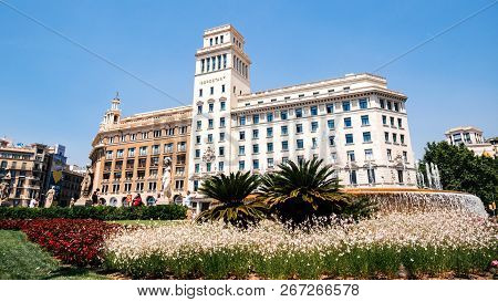 Barcelona, Spain - Jun 1, 2018: Majestic Placa Rambla Catalunya With Majestic Iberostar Hotel And Fo