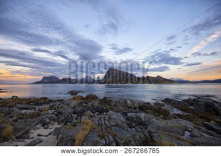 Coastal Landscape View From Sandnes, Flakstad, Lofoten, Nordland, Norway