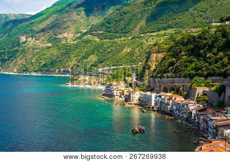 Aerial Top View Of Houses In Small Fishing Village Chianalea Di Scilla From Old Medieval Castle On R