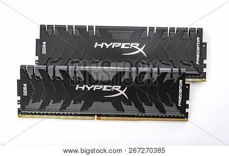 Uzhgorod, Ukraine - October 25, 2018: Random Access Memory Ram Kingston Ddr4 Hyperx Predator Black O