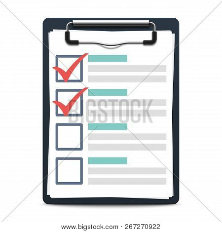 Clipboard With Attached Checklist Or Task List. Realistic Vector Illustration Isolated On White Back