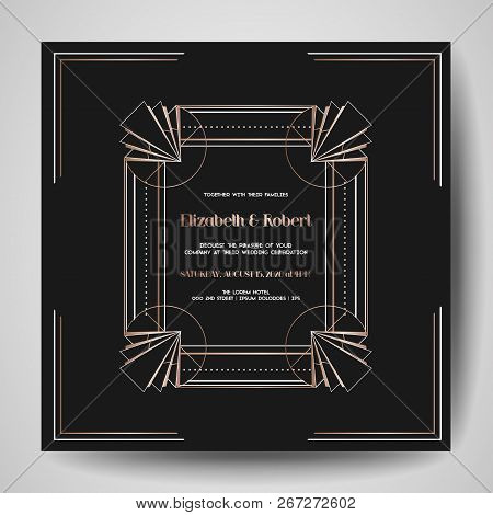 Art Deco Wedding Invitation, Luxury Save The Date Card With Gold Geometric Frame. Vector Trendy Cove