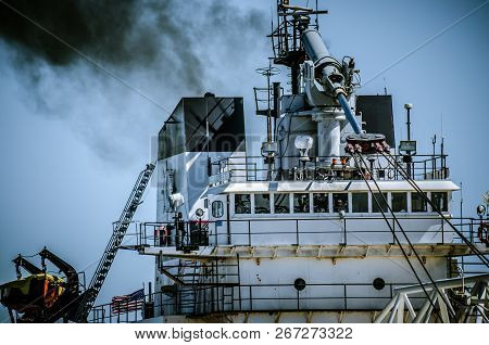 September 1 2018 - Duluth, Mn: Shipping Barge Boat Passes Under The Aerial Lift Bridge To Go Into Th