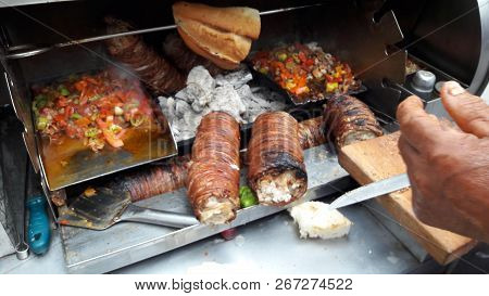 Turkish Street Food Kokorec Made With Sheep Bowel.