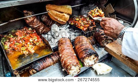 Turkish Street Food Kokorec Made With Sheep Bowel.