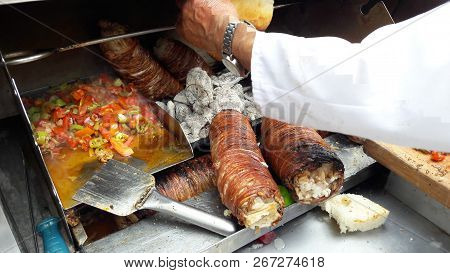 Turkish Street Food Kokorec Made With Sheep Bowel.
