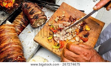 Turkish Street Food Kokorec Made With Sheep Bowel.