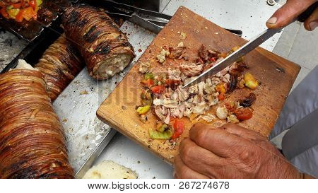 Turkish Street Food Kokorec Made With Sheep Bowel.