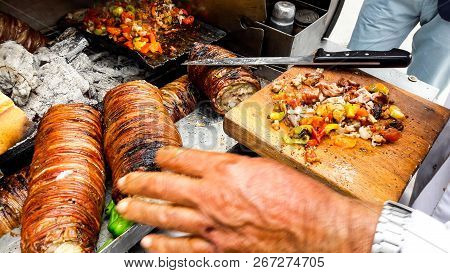 Turkish Street Food Kokorec Made With Sheep Bowel.