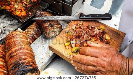Turkish Street Food Kokorec Made With Sheep Bowel.