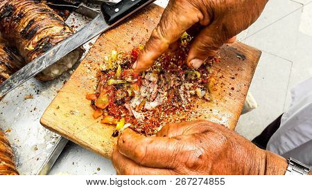 Turkish Street Food Kokorec Made With Sheep Bowel.