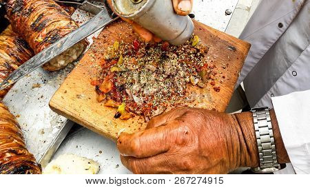 Turkish Street Food Kokorec Made With Sheep Bowel.