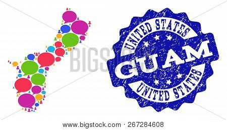 Social Network Map Of Guam Island And Blue Grunge Stamp Seal. Mosaic Map Of Guam Island Is Composed 