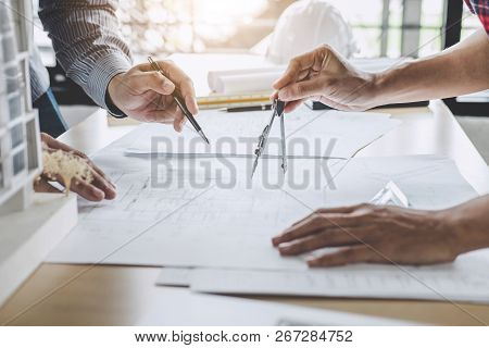 Architecture Engineer Teamwork Meeting, Drawing And Working For Architectural Project And Engineerin