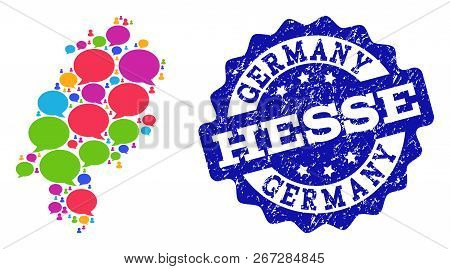 Social Network Map Of Hesse State And Blue Scratched Stamp Seal. Mosaic Map Of Hesse State Is Compos