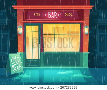 Background With Bar At Bad Weather, Rain. Facade Of Building With Illumination, Signboard. Entrance 