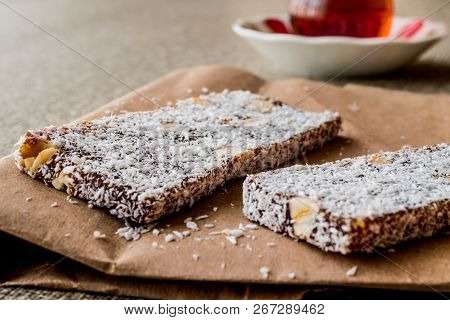 Turkish Dessert Cezerye With Walnut, Coconut Powder And Tea