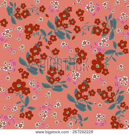 Flowers Seamless Pattern. Vector Red Folk Background For Prints, Wrapping, Texlile
