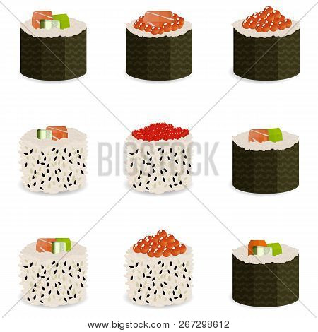 Set Of 9 Slices Sushi Rolls, Traditional Asian Food. Classic Recipes For Restaurant Menu, Delivery W