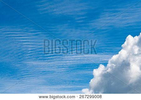 Blue Sky Cumulus Clouds. Clear Cloudscape On Sunny Day. Serenity And Calm