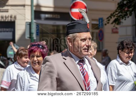 Prague, Czech Republic - July 1, 2018: People Parading At Sokolsky Slet, A Once-every-six-years Gath