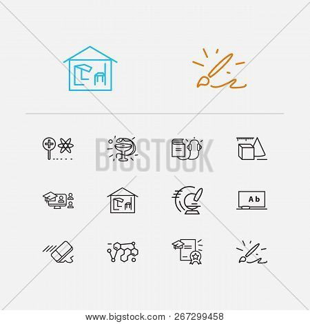 Elearning Icons Set. Medicine And Elearning Icons With Diploma, Paintbrush And Blackboard. Set Of Dr