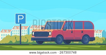 Parking Lot With Car In City. Sign For Parking Area. Flat Vector Illustration.