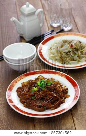 fenpi, green bean sheet jelly noodles with pickled cabbage and minced pork meat, chinese home cooking