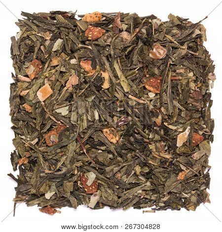 Mix Of Green Tea With Sencha Tea And Strawberry Slices On White Background.