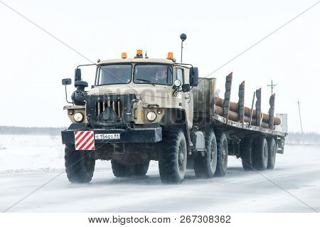 Novyy Urengoy, Russia - May 8, 2016: Semi-trailer Truck Ural 44202 At The Interurban Road During A H