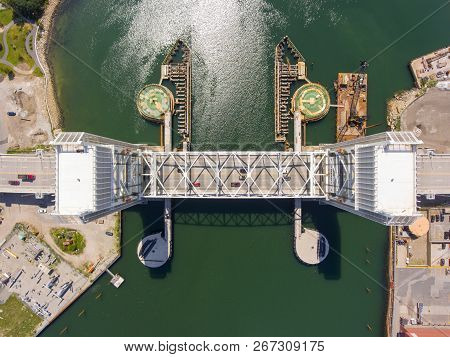 Aerial View Of Weymouth Fore River And Fore River Bridge In Quincy, Massachusetts, Usa. This New Bri