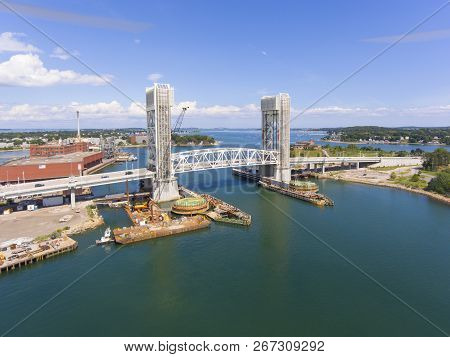 Aerial View Of Weymouth Fore River And Fore River Bridge In Quincy, Massachusetts, Usa. This New Bri