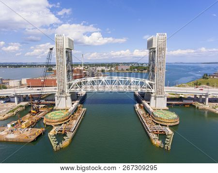 Aerial View Of Weymouth Fore River And Fore River Bridge In Quincy, Massachusetts, Usa. This New Bri