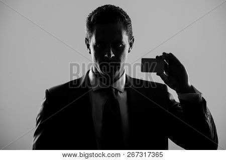 Shadow Business, Businessman, Man Or Manager Holding Bank Or Business Card In Blue Formal Suit And T
