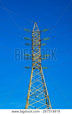 High Voltage Post. High Voltage Tower Sky Background. Electricit. Line, Plant.