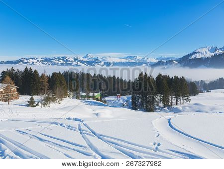 View From The Village Of Stoos In The Swiss Canton Of Schwyz In Winter.