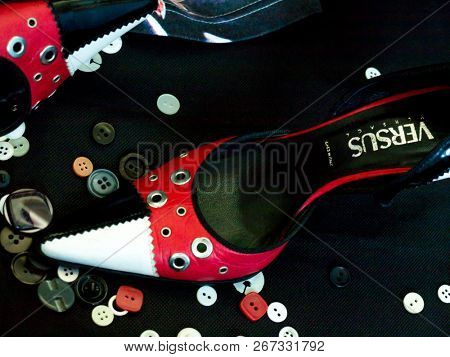 GOMEL, BELARUS - AUGUST 16, 2018: Versus (Versace) women's shoes. Versus (Versace) is the diffusion line of Italian luxury fashion house Versace.