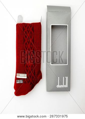 GOMEL, BELARUS - October 21, 2018: Dunhill socks. Alfred Dunhill Limited is a British luxury goods brand, specialising in ready-to-wear, custom and bespoke menswear, leather goods, and accessories