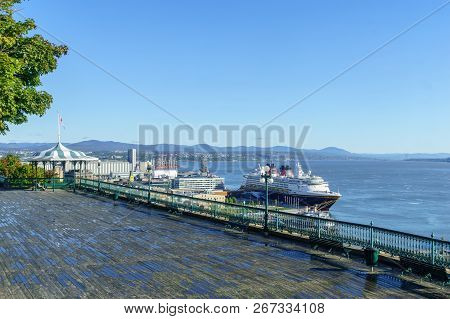 Quebec City, Canada - September 27, 2018: View Of The Dufferin Terrace, The Lower Town And The Saint