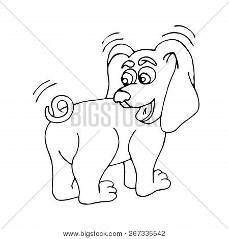 A Cute, Funny Puppy Looks At Its Tail In Surprise. Vector Isolated Illustration On White Background.