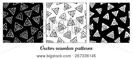 Set Of Seamless Vector Patterns. Three Options In Black And White. Endless Texture For Fabric, Backg