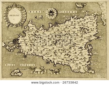 Vecchia mappa Sicilia, può essere approssimativamente datata al XVII sec.