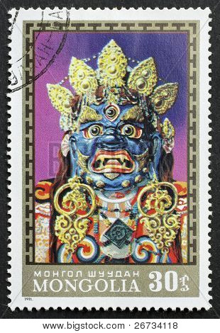 Mongoliet - CIRCA 1971: et frimærke, trykt i Mongoliet viser billedet af en buddhistisk rituelle masken, Mongoliet, 