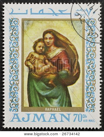 AJMAN (émirat) - vers 1968 : un timbre imprimé à Ajman (Émirats Arabes Unis) montre une photo de la tenue de la Vierge Marie 