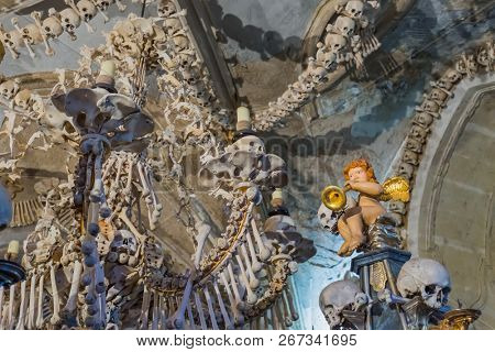 Kutna Hora, Czech Republic - October 22, 2017: Interior of Kostnice Church in Kutna Hora.